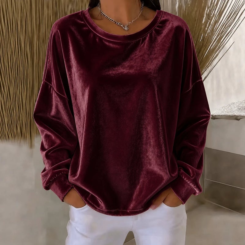 Women's Velvet Sweatshirt - Round Neck, Long Sleeve, Relaxed Fit - Image 2