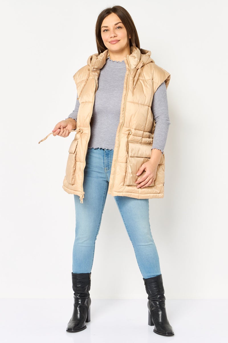 Levi's Women Quilted Hooded Vest Jacket, Beige - Image 4
