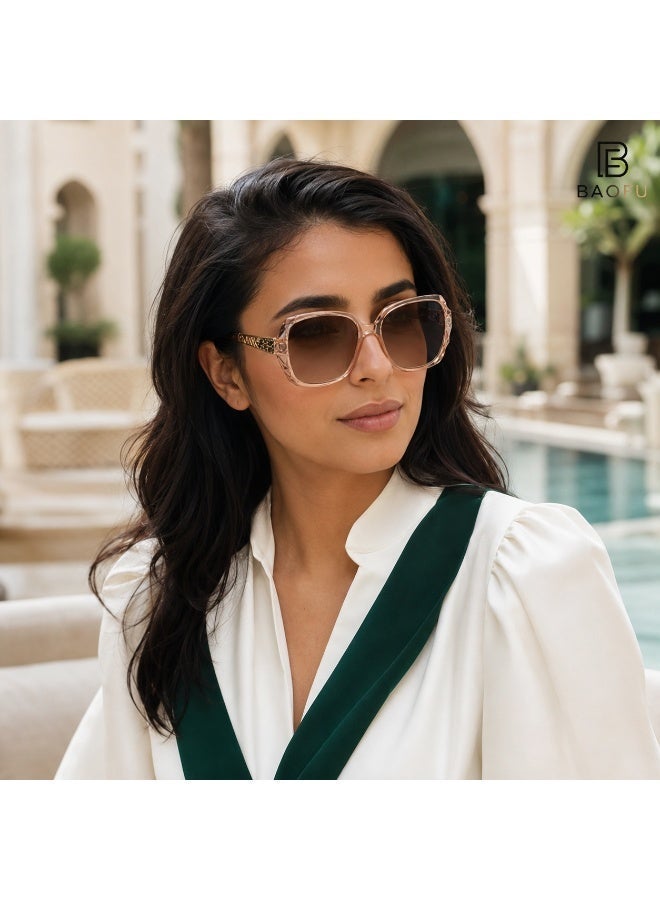 باو فو نظارة شمسية نسائية مربعة كبيرة بعدسات بنية متدرجة وحماية UV400، إطار كريستالي بلون الشمبانيا وتفاصيل أحجار الراين على الأذرع - Image 3