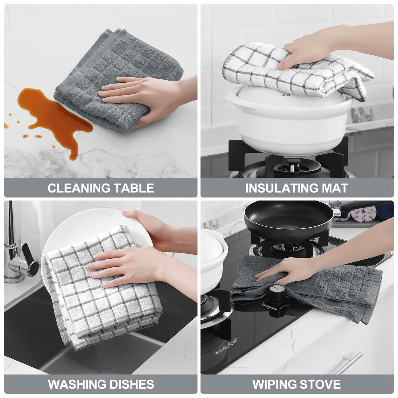 Homaxy Premium Cotton Kitchen Towels 16"x 28", Large Natural Ring Spun 390 GSM Dish Towels, Super Absorbent Terry Kitchen Hand Towels, Soft Tea Towels with Hanging Loop, Grey Check Design, 6 Pack - Image 4