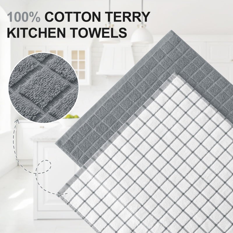 Homaxy Premium Cotton Kitchen Towels 16"x 28", Large Natural Ring Spun 390 GSM Dish Towels, Super Absorbent Terry Kitchen Hand Towels, Soft Tea Towels with Hanging Loop, Grey Check Design, 6 Pack - Image 2