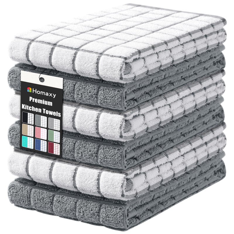 Homaxy Premium Cotton Kitchen Towels 16"x 28", Large Natural Ring Spun 390 GSM Dish Towels, Super Absorbent Terry Kitchen Hand Towels, Soft Tea Towels with Hanging Loop, Grey Check Design, 6 Pack - Image 1
