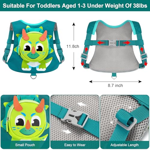accmor Toddler Harness Leash with Anti Lost Wrist Link Accmor Kids Dinosaur Harnesses Leashes Cute Triceratops Kids Walking Wristband Assistant Strap Belt for Parent Baby Boys Outdoor Activity - Image 3