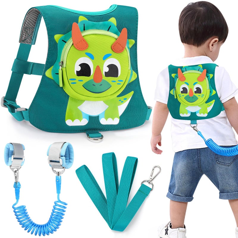 accmor Toddler Harness Leash with Anti Lost Wrist Link Accmor Kids Dinosaur Harnesses Leashes Cute Triceratops Kids Walking Wristband Assistant Strap Belt for Parent Baby Boys Outdoor Activity - Image 2