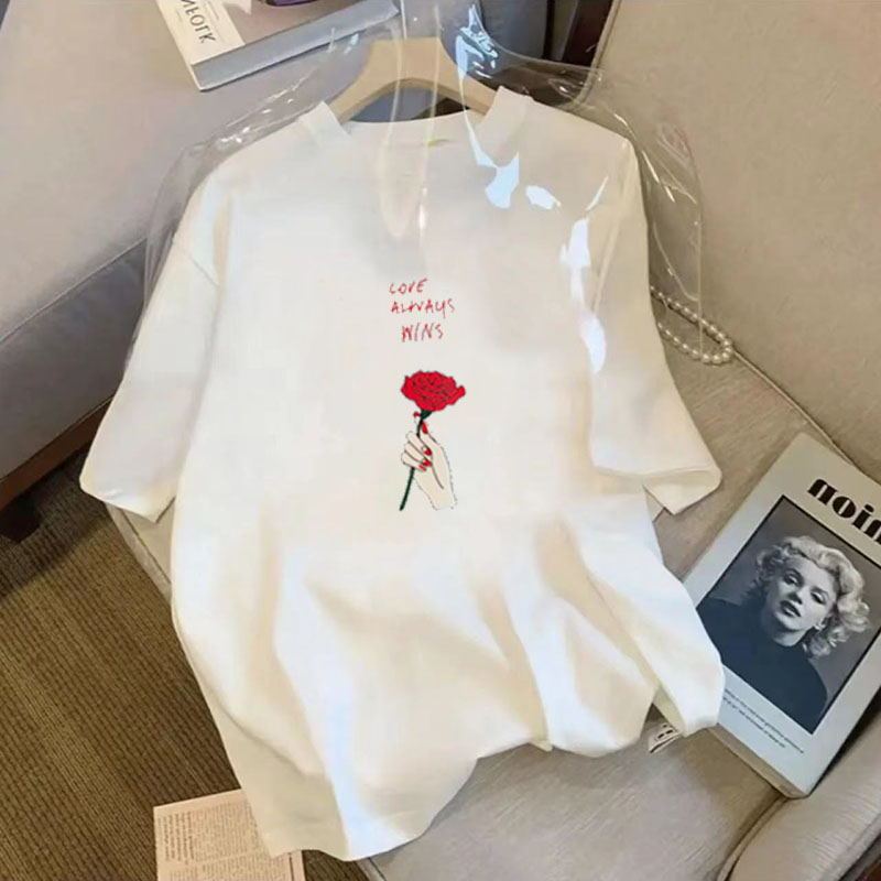 تي شيرت صيفي جديد بأسلوب كوري فضفاض بأكمام قصيرة للنساء، قمة عصرية مطبوعة تناسب جميع الأزياء، ملابس خارجية، تي شيرت موضة 6010 - Image 1