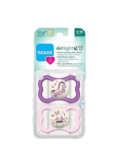 Air Night Pacifiers (1 Sterilizing Pacifier Case), MAM Sensitive Skin Pacifier 6+ Months, Glow in the Dark Pacifier, Best Pacifier for Breastfed Babies, Baby Boy Pacifiers, 6-16 - 2 Ct (Pack of 1)