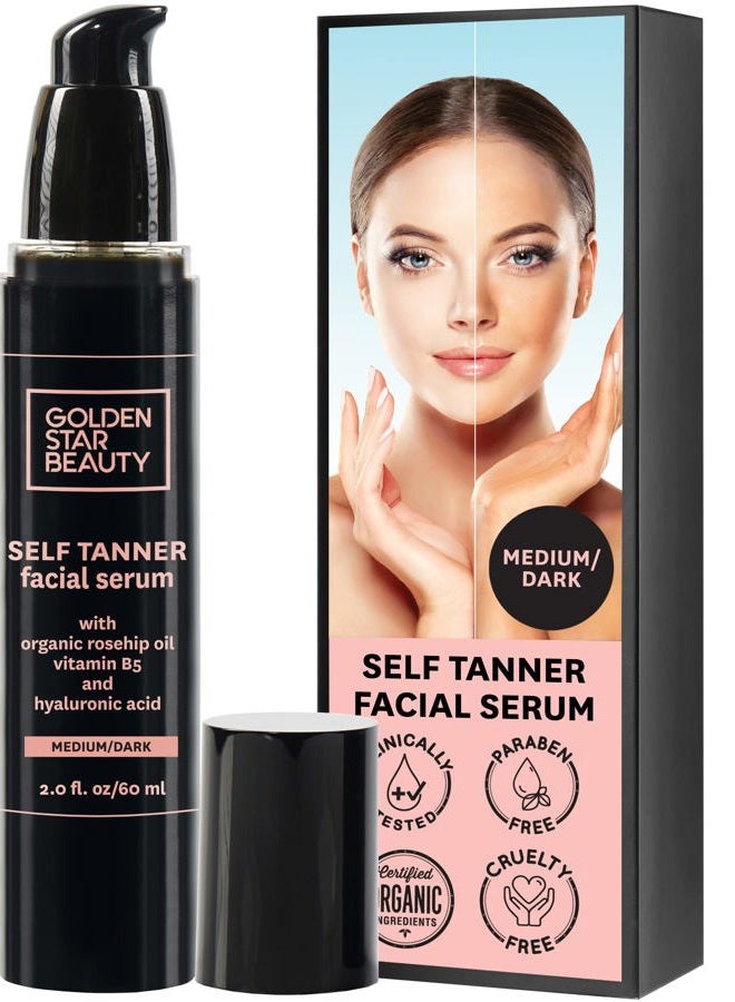 GOLDEN STAR BEAUTY Face Tanner – Self Tan Serum w/Hyaluronic Acid and Organic Oils, Self Tanners Best Sellers, Facial Sunless Tanner for Natural Sunkissed Glow, Fake Tan Moisturizer, 2.0 fl (Medium/Dark)  - Image 1