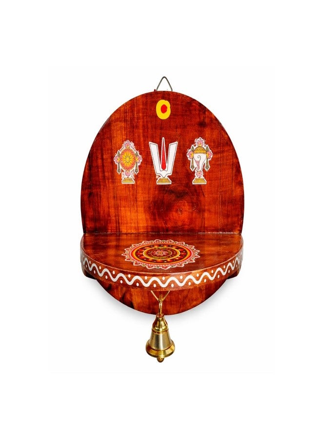 Himavat Shanku Chakra Namah Teakwood Diya Stand | Handmade Wall Mount Pooja Shelf with Brass Bell | Fully Polished Solid Teak Wood | Traditional Home Temple Decor (8 Inch) (2) - Image 3