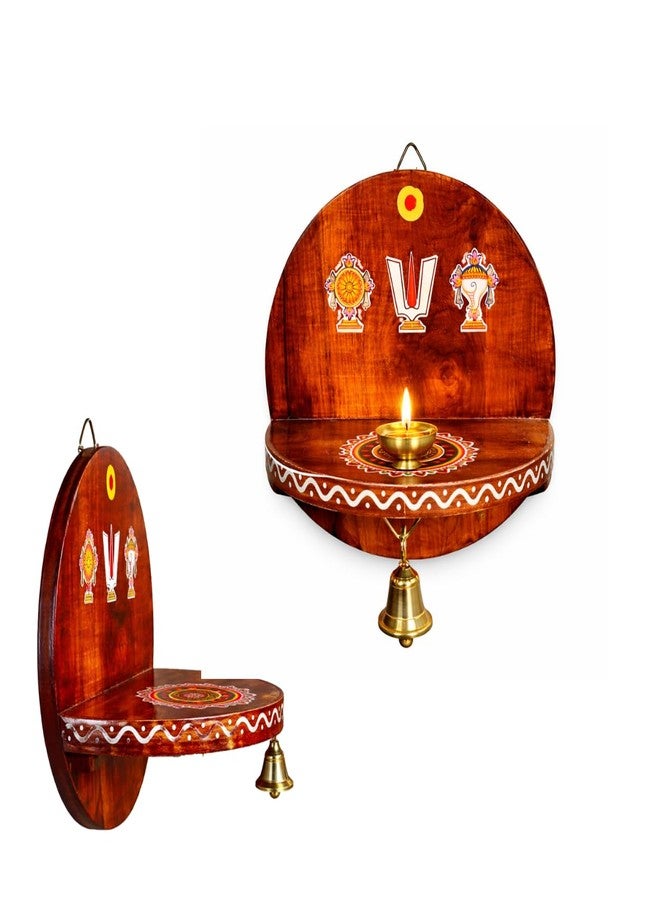Himavat Shanku Chakra Namah Teakwood Diya Stand | Handmade Wall Mount Pooja Shelf with Brass Bell | Fully Polished Solid Teak Wood | Traditional Home Temple Decor (8 Inch) (2) - Image 1