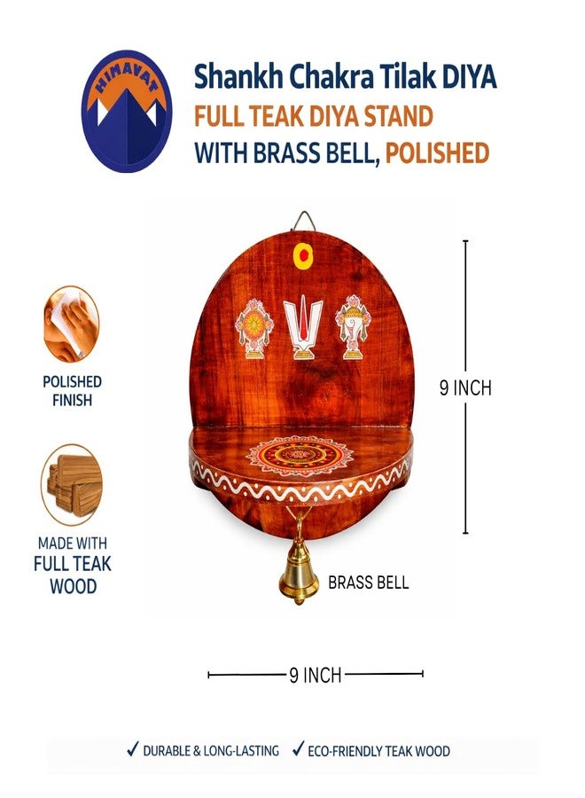 Himavat Shanku Chakra Namah Teakwood Diya Stand | Handmade Wall Mount Pooja Shelf with Brass Bell | Fully Polished Solid Teak Wood | Traditional Home Temple Decor (8 Inch) (2) - Image 2