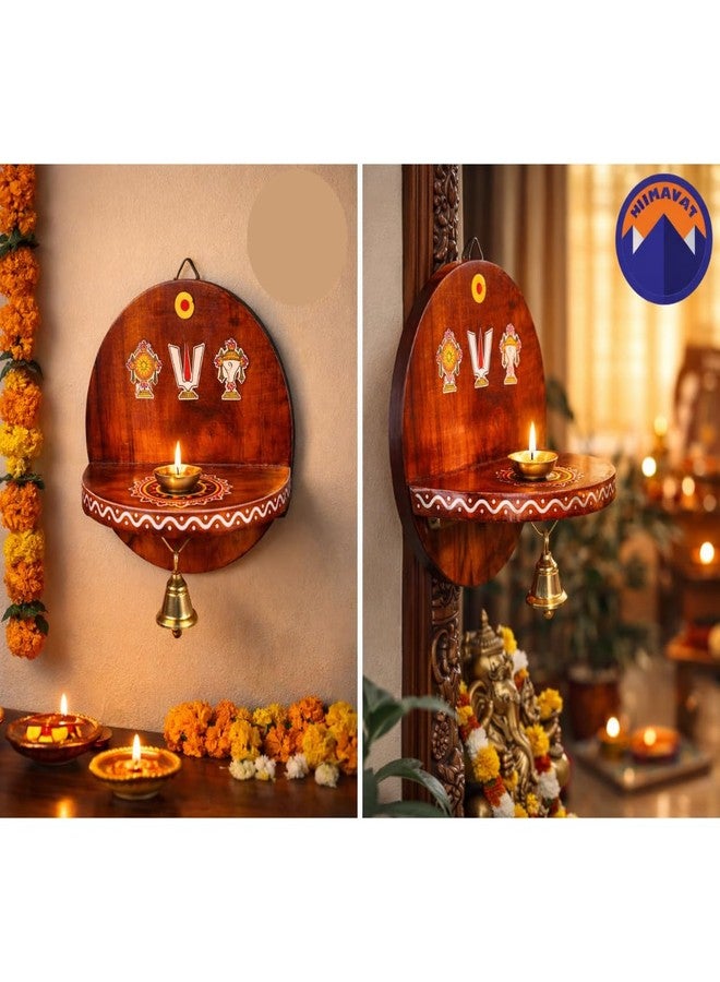 Himavat Shanku Chakra Namah Teakwood Diya Stand | Handmade Wall Mount Pooja Shelf with Brass Bell | Fully Polished Solid Teak Wood | Traditional Home Temple Decor (8 Inch) (2) - Image 5