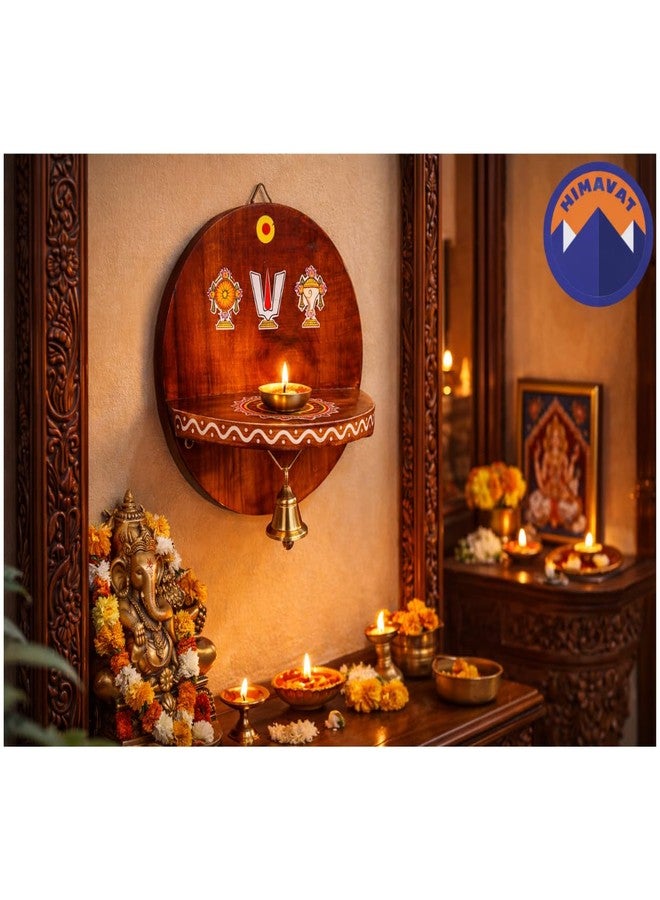 Himavat Shanku Chakra Namah Teakwood Diya Stand | Handmade Wall Mount Pooja Shelf with Brass Bell | Fully Polished Solid Teak Wood | Traditional Home Temple Decor (8 Inch) (2) - Image 4