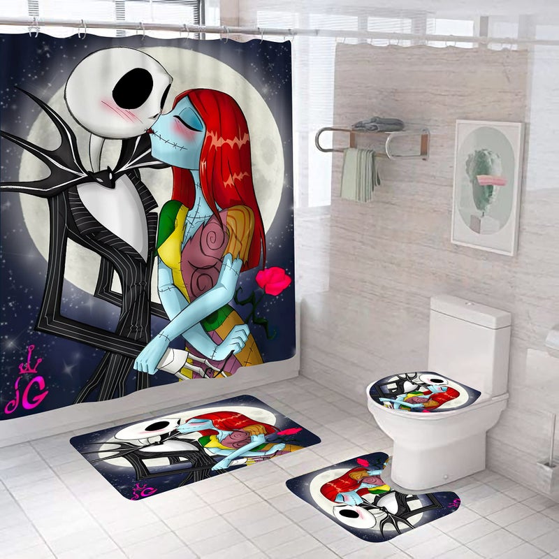 DDS-DUDES 4Pcs Nightmare Before Christmas Zombie Bride Jack Shower Curtain Sets Kids Bathroom Halloween Decor with 12 Curtain Hooks for Bathroom  Waterproof 71 x 71 inch (D4)