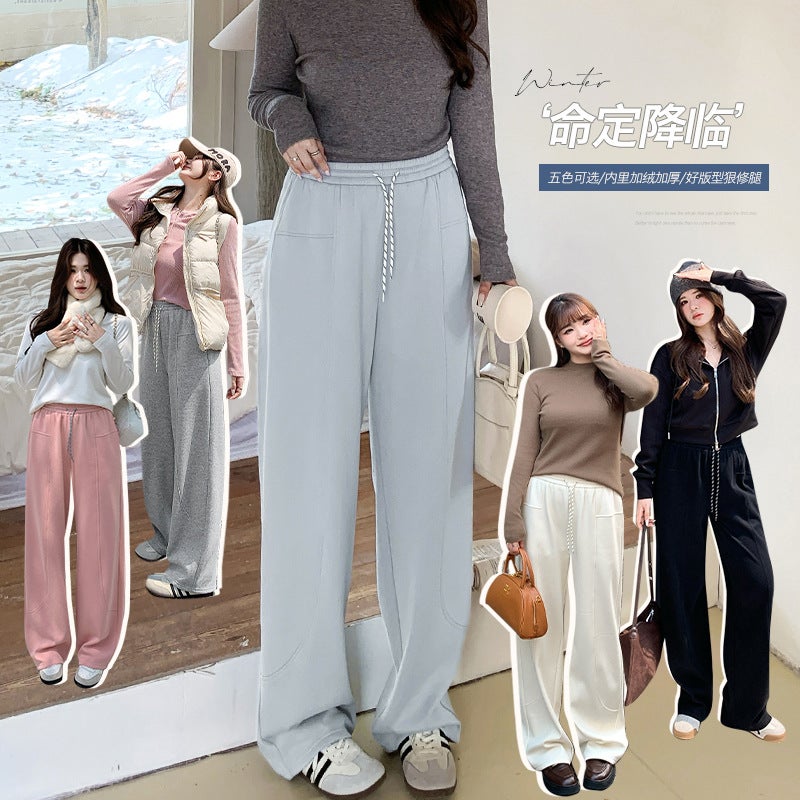 Candy Color Plus Size Fleece-Lined Casual Pants Pink  - Image 5