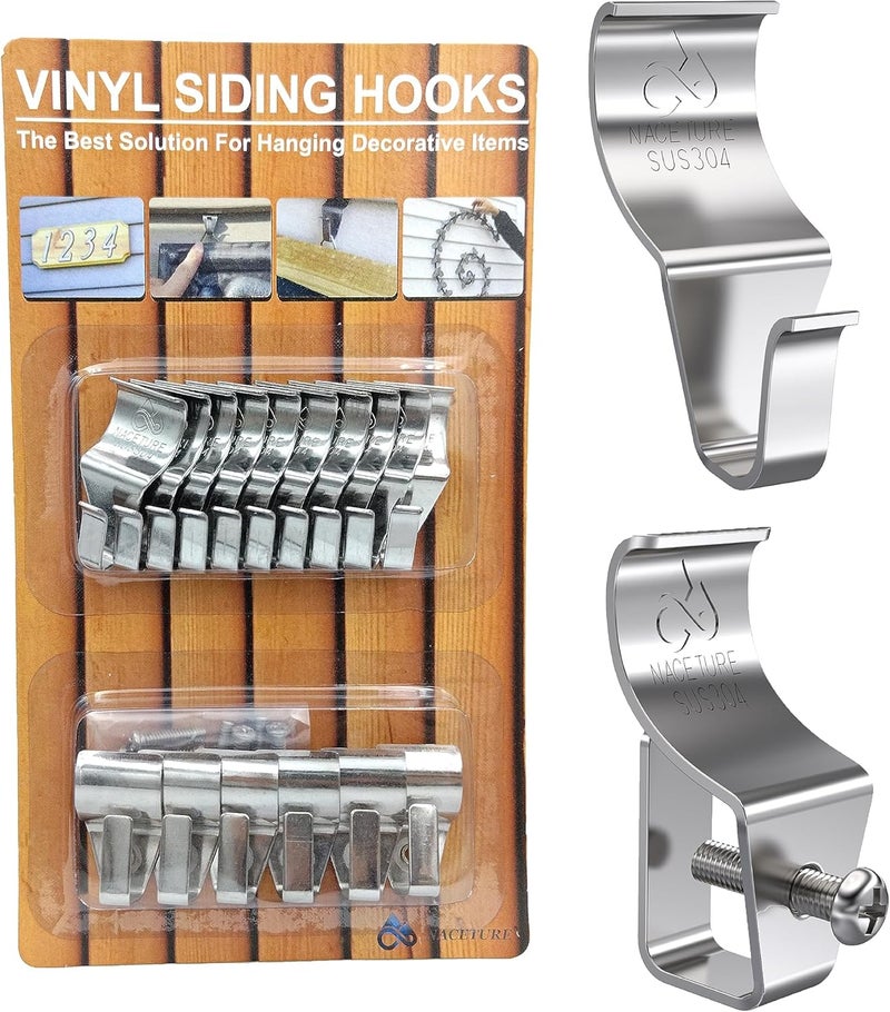 NACETURE Vinyl Siding Hooks & Screws - 16 Pack Heavy Duty No-Hole Needed Stainless Steel Hanger for Outdoor Mount Home Security Camera - Image 1