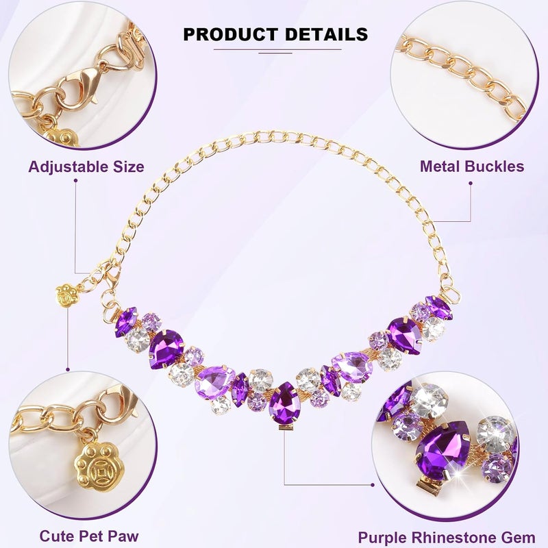 HOWWFALY Dog Cat Rhinestone Collars with Paw Crystal Diamonds Gold Collars Necklace Adjustable Collar Dog Chain Cat Diamonds Princess Pet Collar (Purple, M) - Image 3