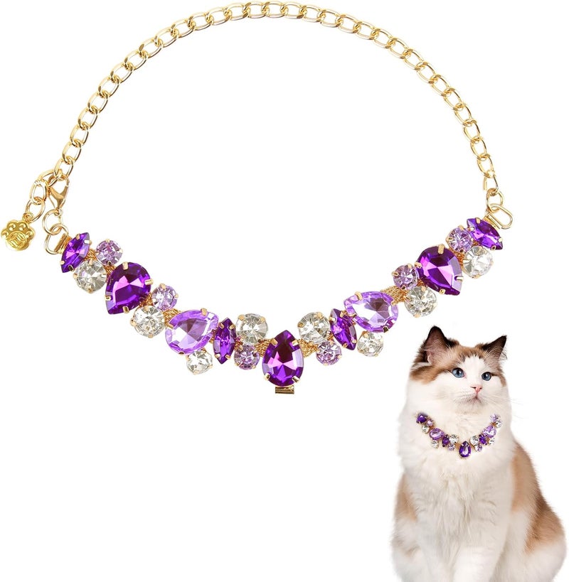 HOWWFALY Dog Cat Rhinestone Collars with Paw Crystal Diamonds Gold Collars Necklace Adjustable Collar Dog Chain Cat Diamonds Princess Pet Collar (Purple, M) - Image 1