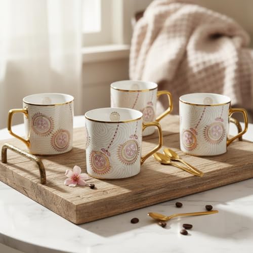 Femora Premium Golden Flower Branch Print Design Ceramic Coffee & Tea Cup Set of 4, 180 ML - Image 1