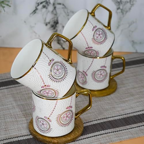 Femora Premium Golden Flower Branch Print Design Ceramic Coffee & Tea Cup Set of 4, 180 ML - Image 2