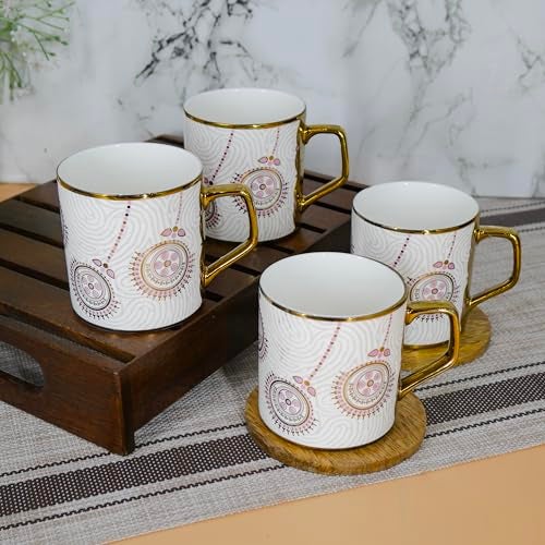 Femora Premium Golden Flower Branch Print Design Ceramic Coffee & Tea Cup Set of 4, 180 ML - Image 3