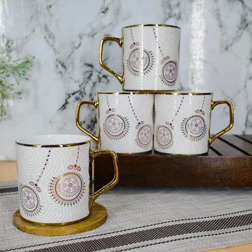 Femora Premium Golden Flower Branch Print Design Ceramic Coffee & Tea Cup Set of 4, 180 ML - Image 4