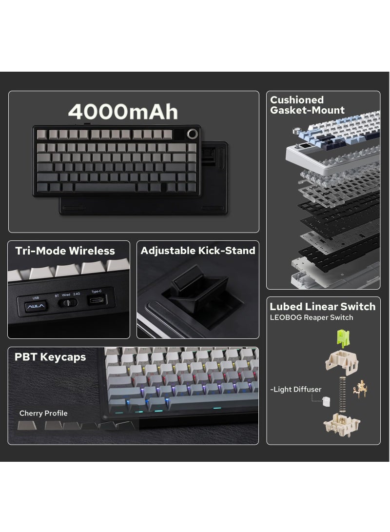 AULA F75 MAX Tri-Mode Wireless Gaming Keyboard, TFT Screen, Knob, Hot Swappable, 2.4GHz/Type-C/BT5.0, Gasket Creamy, for PC/Mac/Office/Gaming  - Image 2