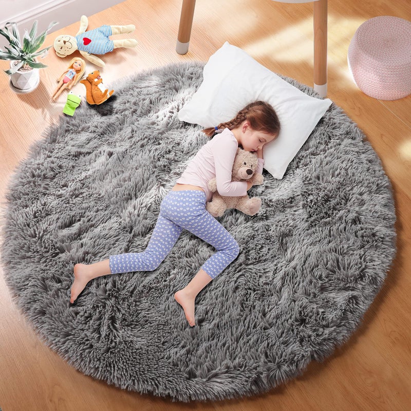 PAGISOFE Round Rugs 5Ft Grey Circle Rugs for Living Room Kids Bedroom Fluffy Carpets for Bedroom Boys Indoor Shaggy Rugs Small Teepee Furry Mat Comfy Reading Rug for Girls Boys Baby Room
