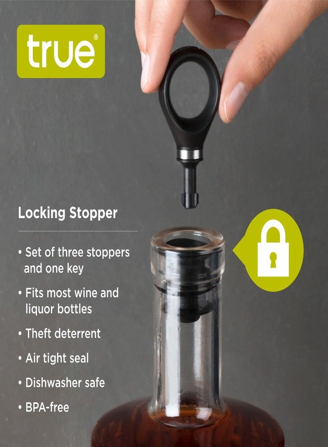 True Locking Bottle Stoppers with Key - Stainless Steel and Silicone Wine Topper Seal Set of 3 with Key - Dishwasher Safe - Image 2