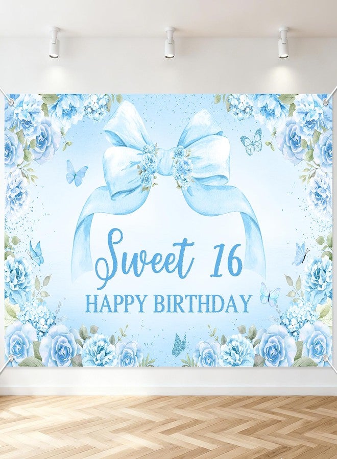 افيزانو لافتة عيد ميلاد أفزانو سويت 16 للبنات، فيونكة زهور زرقاء، زينة عيد ميلاد سويت 16، خلفية تصوير سويت 16، خلفية عيد ميلاد للبنات 16، لوازم حفلات عيد ميلاد سعيد 16 (أزرق، 6 × 3.6 قدم) - Image 1