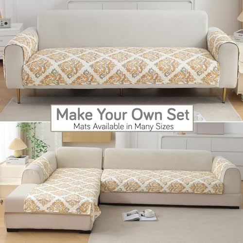 HOKIPO 'VivaCasa Series' Polyester Printed Quilted Sofa Cover Mats for 1/2/3 Seater Sofa and L Shape. Make Your Own Sofa Cover Set, Mat Length 90(D) X 180(L) Cm, Damask Beige (In-796-D4) - Image 5