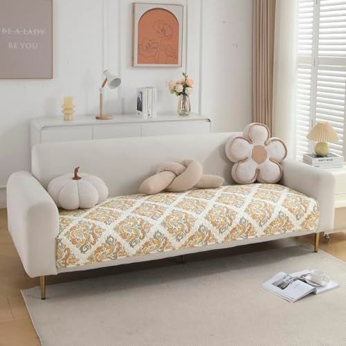 HOKIPO 'VivaCasa Series' Polyester Printed Quilted Sofa Cover Mats for 1/2/3 Seater Sofa and L Shape. Make Your Own Sofa Cover Set, Mat Length 90(D) X 180(L) Cm, Damask Beige (In-796-D4) - Image 1