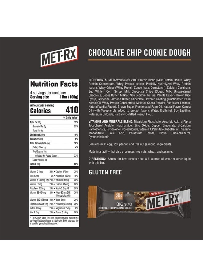 MET-Rx Big 100 Colossal Protein Bars, Chocolate Chip Cookie Dough Meal Replacement Bars, 9 Count (Pack of 1) - Image 2