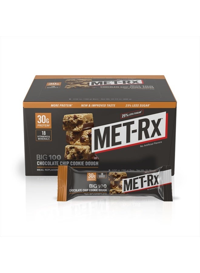 MET-Rx Big 100 Colossal Protein Bars, Chocolate Chip Cookie Dough Meal Replacement Bars, 9 Count (Pack of 1) - Image 1