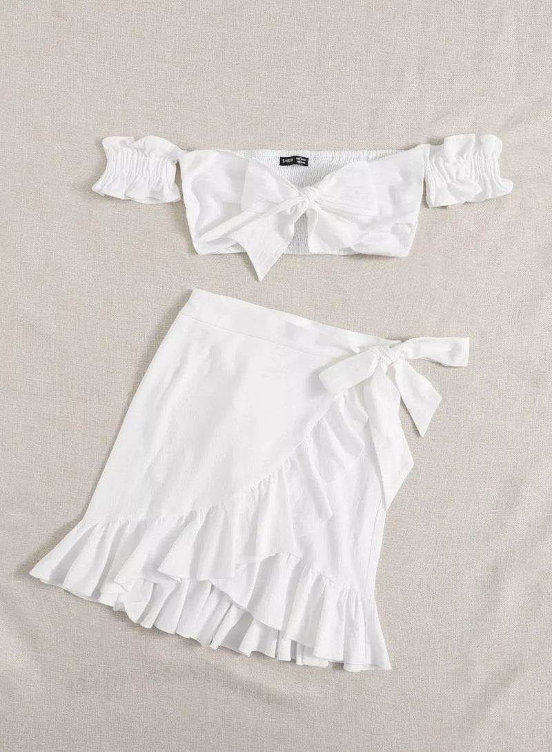 Off Shoulder Shirred Tie Front Top & Wrap Skirt Set - Image 5