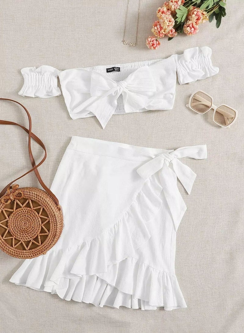 Off Shoulder Shirred Tie Front Top & Wrap Skirt Set - Image 1
