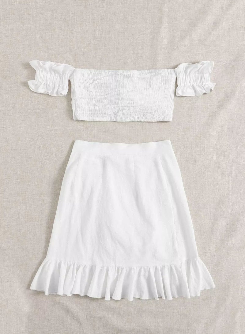 Off Shoulder Shirred Tie Front Top & Wrap Skirt Set - Image 2