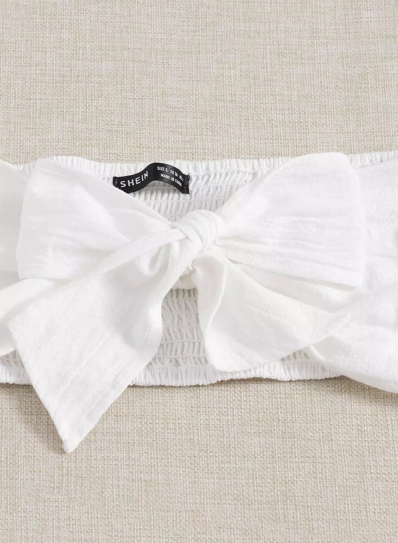 Off Shoulder Shirred Tie Front Top & Wrap Skirt Set - Image 4