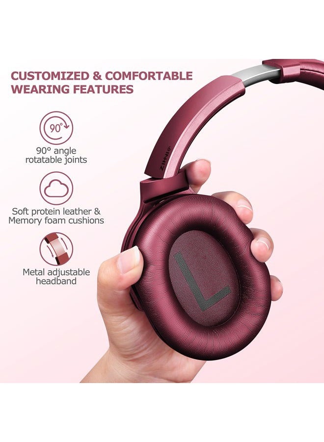 ZIHNIC Active Noise Cancelling Headphones, 40H Playtime Wireless Bluetooth Headset with Deep Bass Hi-Fi Stereo Sound,Comfortable Earpads for Travel/Home/Office (Red) - Image 2