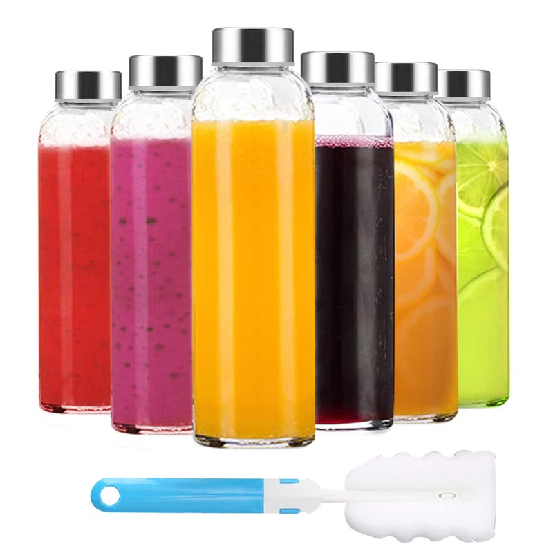 Luxfuel Clear Glass Bottles with Lids 18 oz Reusable Glass Water Bottles with Stainless Steel Cap for Juicing Refrigerator100 Leak Proof BPA Free Juice Water Bottle Set of 6