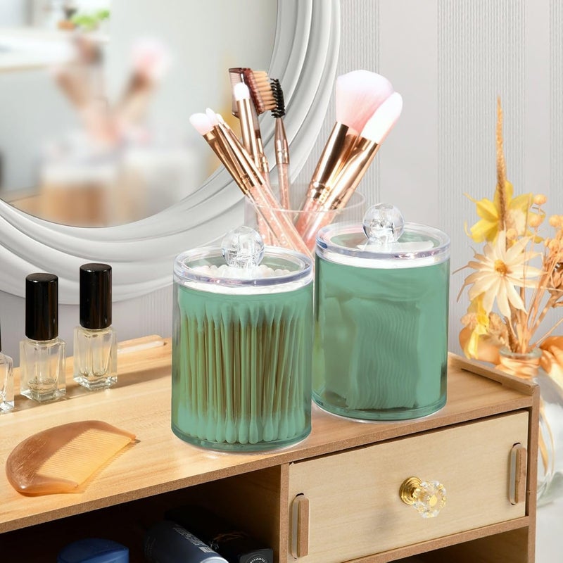 Eionryn Sage Green Qtip Dispenser Apothecary Jars Bathroom Qtip Holder Storage Canister 10 Oz Plastic Jar for Cotton Ball Swab Round Pads Floss 2pcs - Image 5