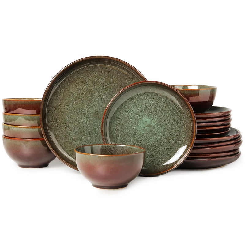Pokini Stoneware Dinnerware Sets for 6, 18 Pieces Ceramic Plates and Bowls Sets, Chip and Scratch Resistant Dish Set, Dishwasher & Microwave Safe Plate Set, Brown Green - Image 1