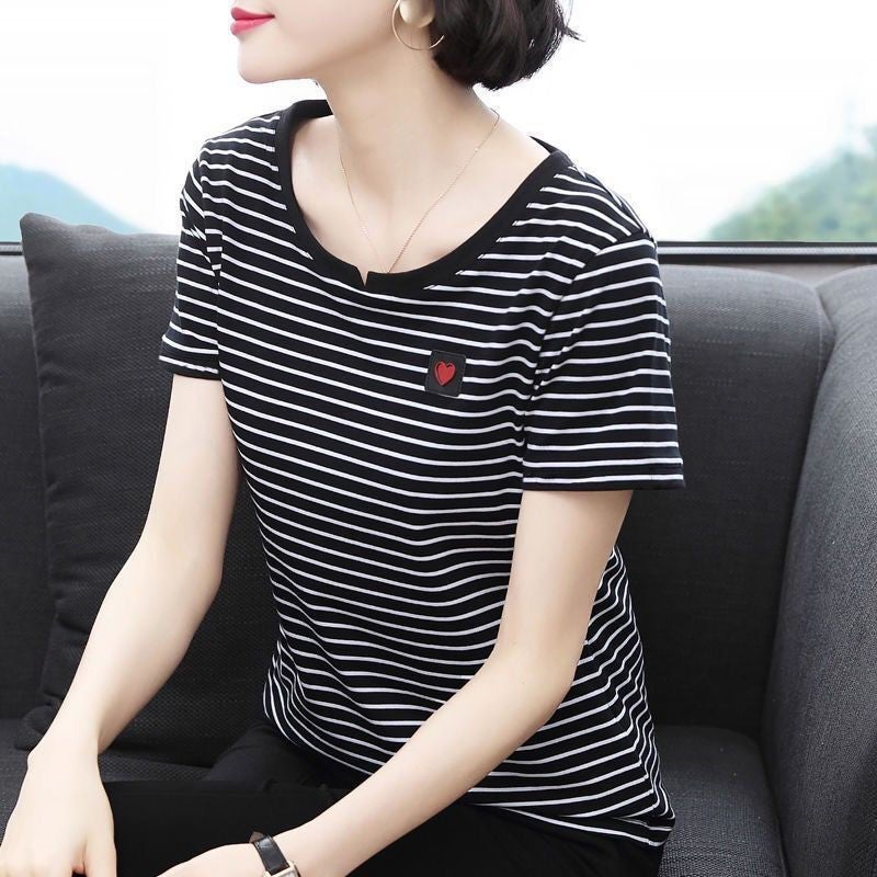 Striped T-Shirt Women's K-Style 2025 Casual Summer Wear Loose Middle-Aged Mother Women's Short-Sleeved Versatile Half-Sleeved Top - Image 4