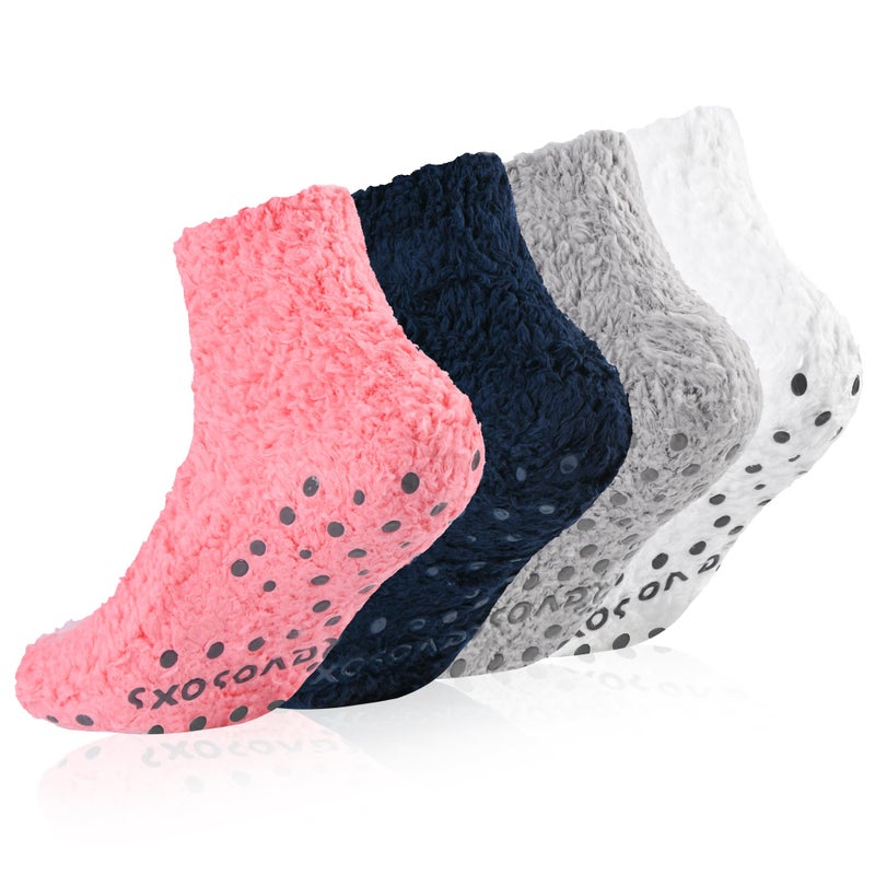 Revosoxs Fuzzy Grip Socks for Women Men,Thick Warm Slipper Cozy Fluffy Non Slip Ankle Valentines Fuzzy socks With Grips.ï¼ˆRose Red+Navy+Grey+Whiteï¼‰