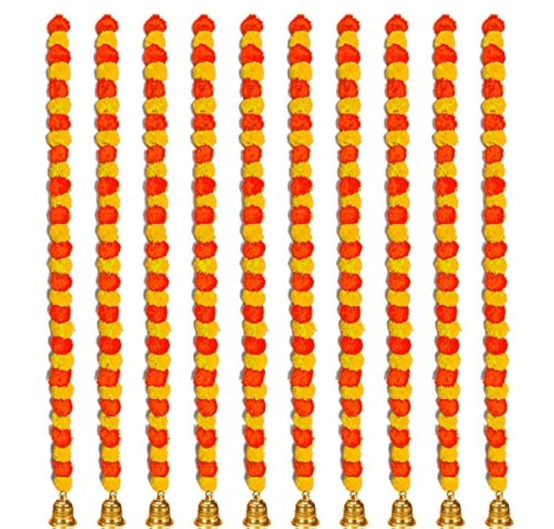 Abhaas Artificial Marigold Garland for Decoration Long Flower Garlands for Door Decoration Toran Genda Phool for Wedding/Festivals Diwali with Bells (5 Pcs/Yellow+Orange Mix), 147 CM - Image 1