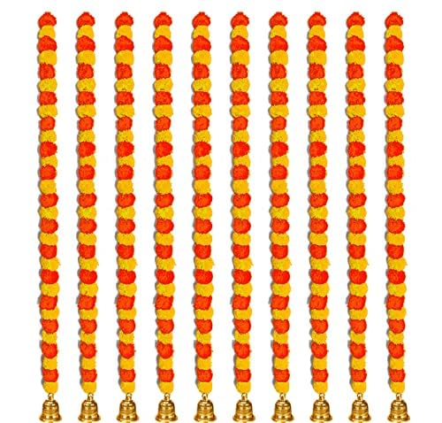 Abhaas Artificial Marigold Garland for Decoration Long Flower Garlands for Door Decoration Toran Genda Phool for Wedding/Festivals Diwali with Bells (5 Pcs/Yellow+Orange Mix), 147 CM - Image 2