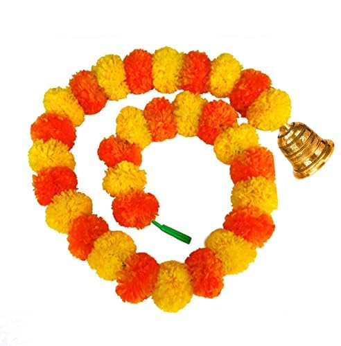 Abhaas Artificial Marigold Garland for Decoration Long Flower Garlands for Door Decoration Toran Genda Phool for Wedding/Festivals Diwali with Bells (5 Pcs/Yellow+Orange Mix), 147 CM - Image 4