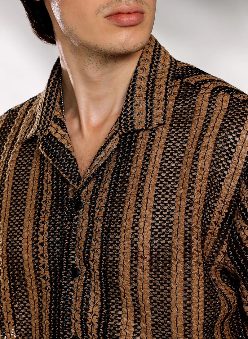 Campus Sutra Men's Camel Brown & Midnight Black Multitrack Knit Oversized Shirt