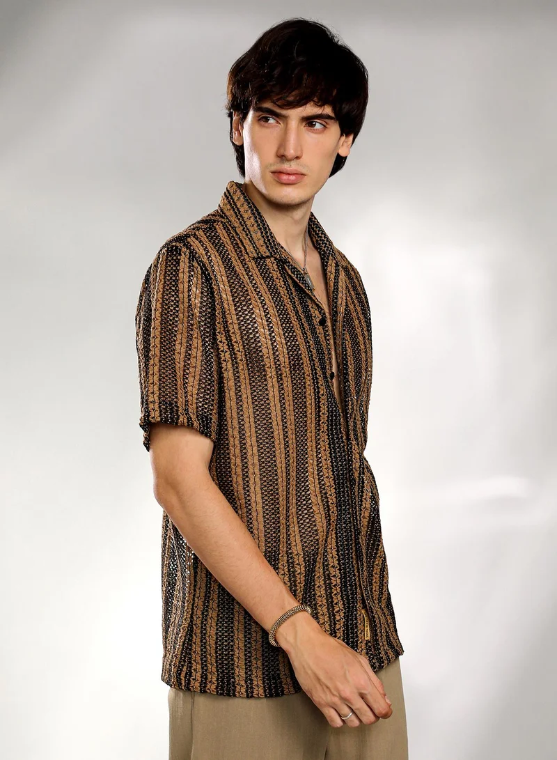 Campus Sutra Men's Camel Brown & Midnight Black Multitrack Knit Oversized Shirt