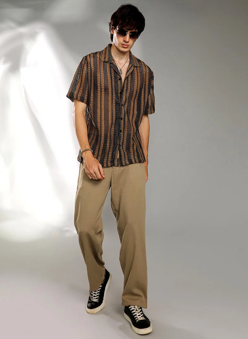 Campus Sutra Men's Camel Brown & Midnight Black Multitrack Knit Oversized Shirt