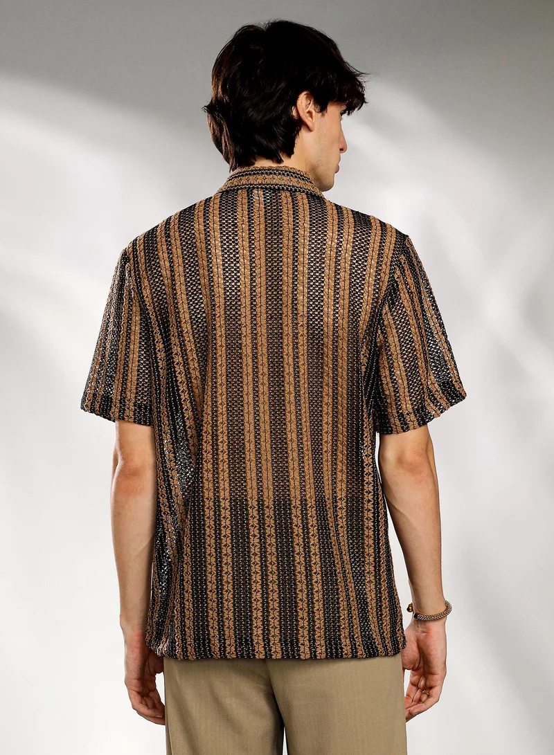 Campus Sutra Men's Camel Brown & Midnight Black Multitrack Knit Oversized Shirt
